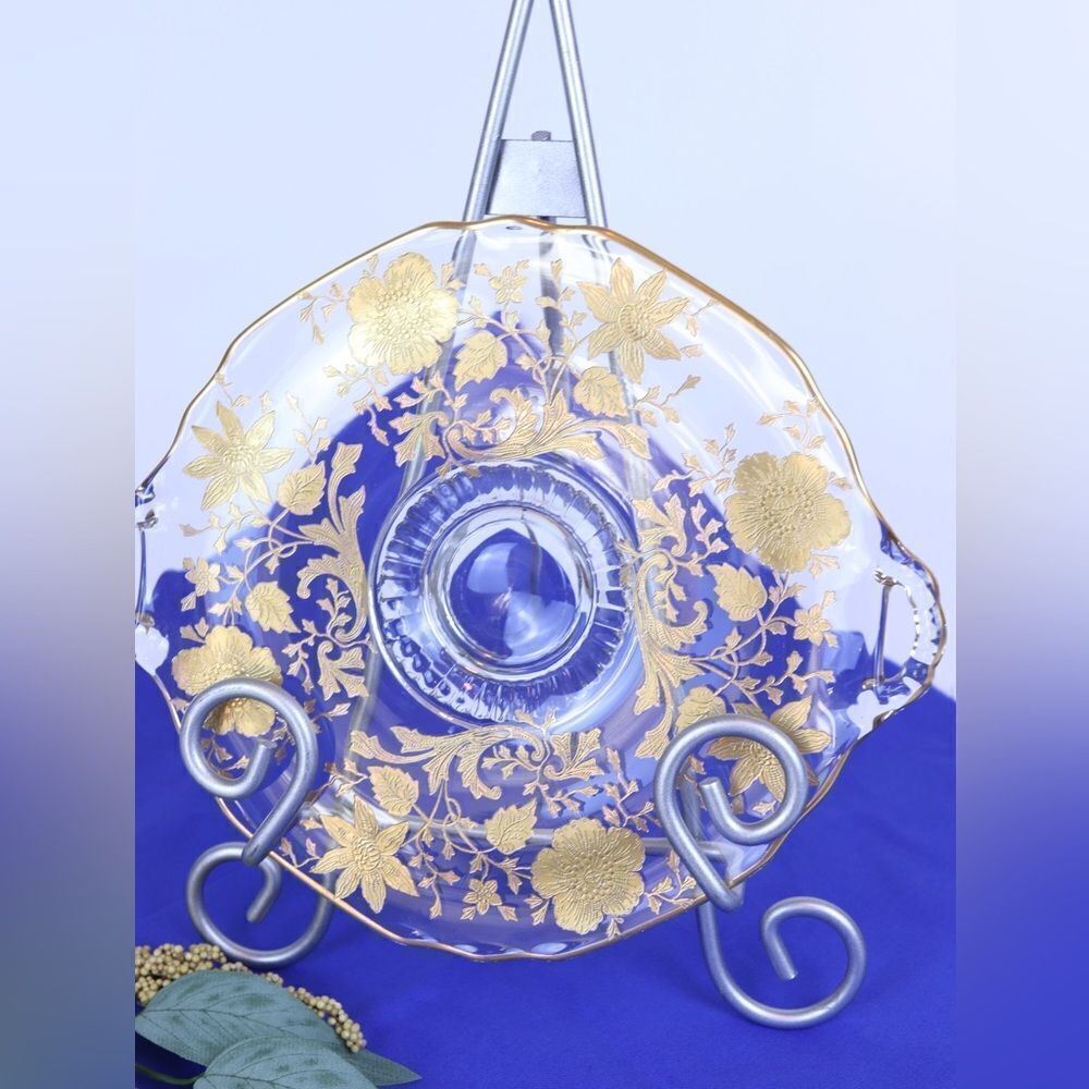 Vintage MCM Footed Glass Candy Dish w/Embossed Gold Flowering 8”